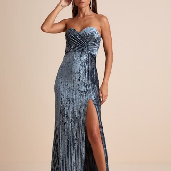 Lulus Dresses & Skirts - Lulus Classy Sensation Slate Velvet Pleated Strapless Maxi Dress Blue - Size M